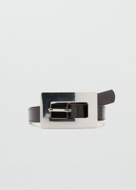 Mango faux leather belt with oversized rectangle silver-tone buckle in dark brown - view 1