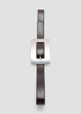 Mango Faux Leather Belt With Oversized Rectangle Silver-tone Buckle In Brown