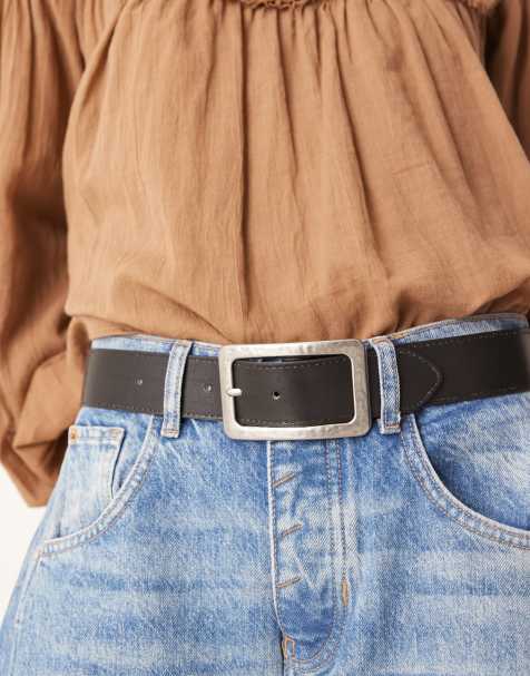 Mango faux leather belt with silver buckle in black - view 1