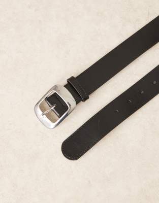 Mango Faux Leather Belt With Silver Oval Buckle In Black
