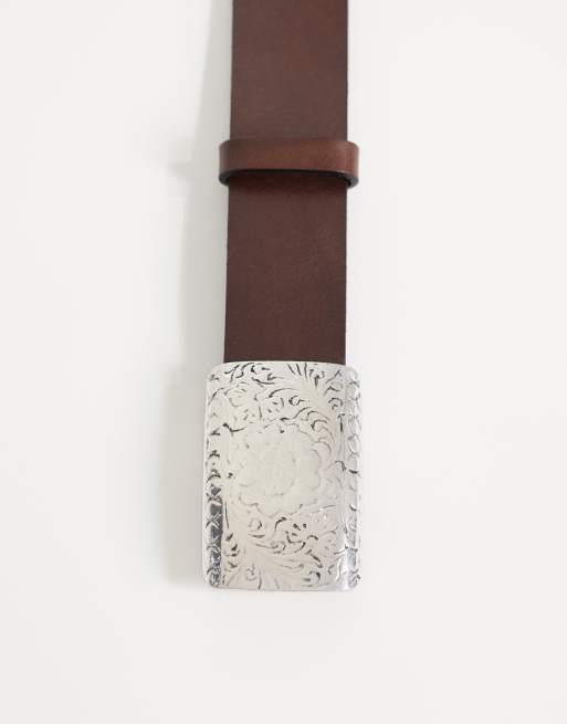 Mango faux leather belt with statement buckle in dark brown, 3 of 3