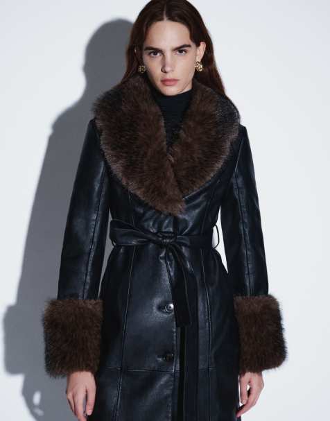 Mango faux leather belted coat with faux fur trims in black - view 1