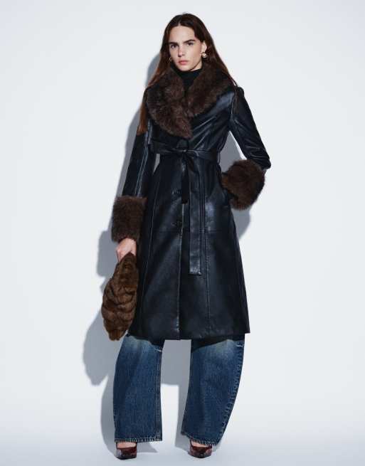 Mango faux leather belted coat with faux fur trims in black , 2 of 4