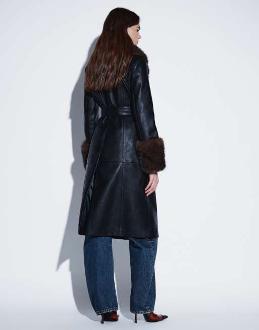 Mango faux leather belted coat with faux fur trims in black , 4 of 4