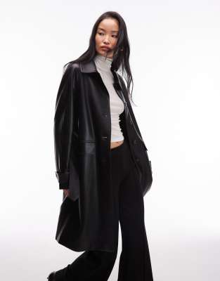 Mango Faux Leather Belted Trench Coat In Black