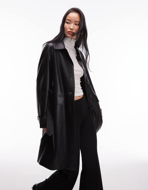 Mango faux leather belted trench coat in black, 2 of 4