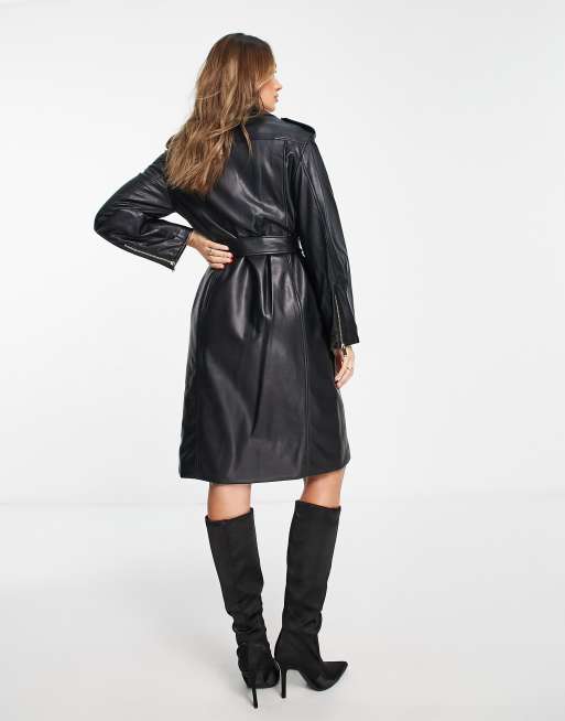 Mango faux leather biker trench coat in black