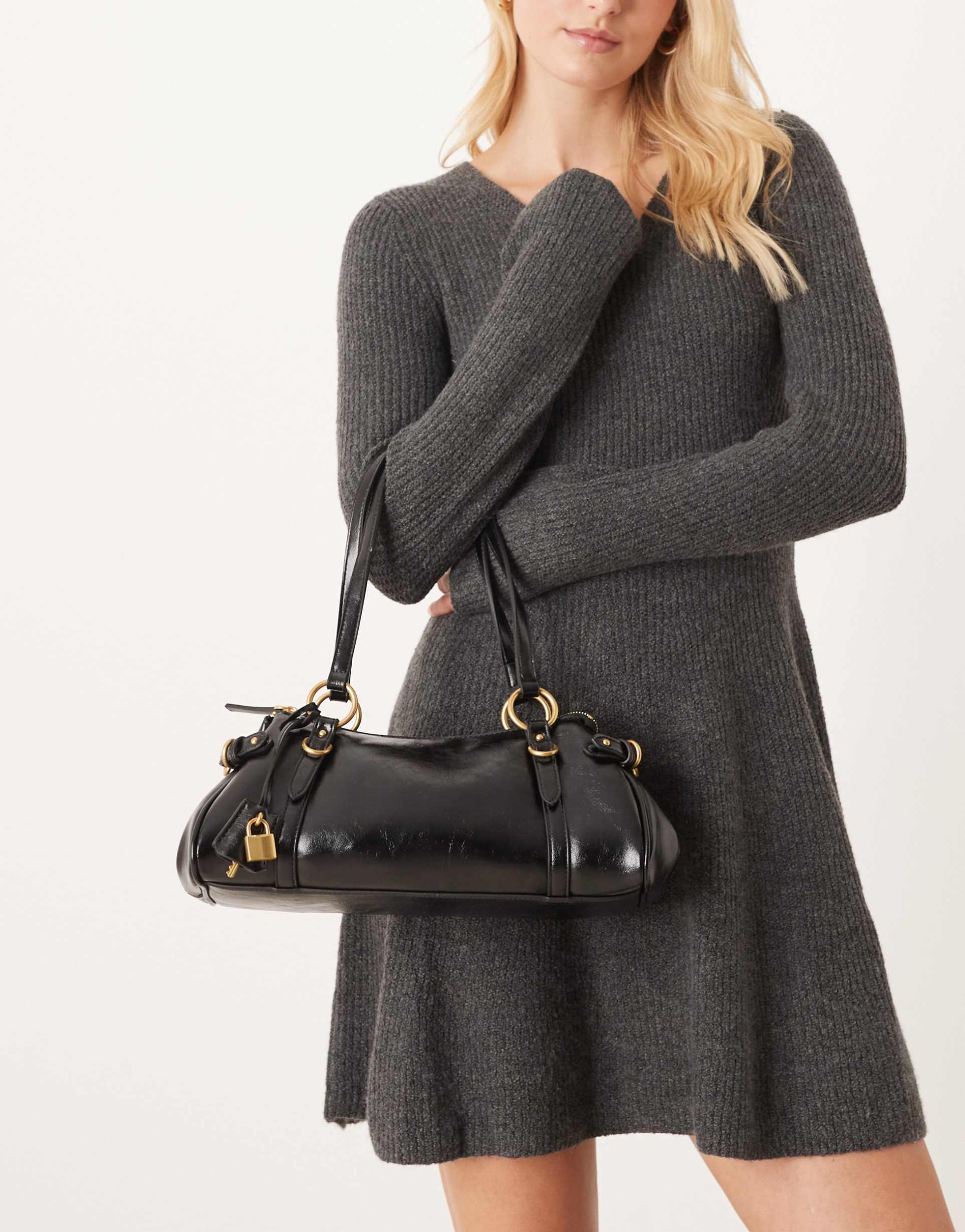 mango faux leather bowling bag with lock in black