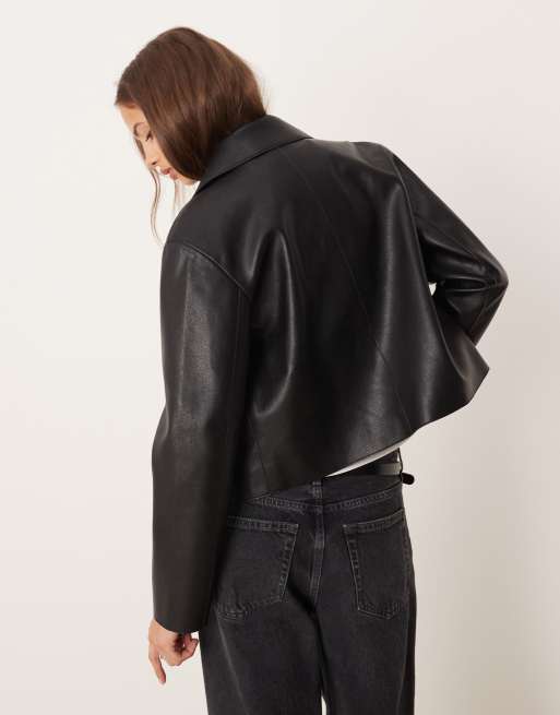 Mango faux leather boxy jacket in black