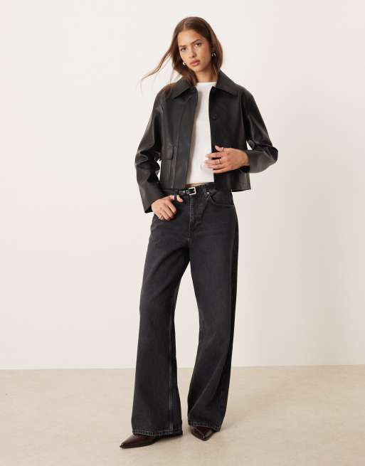 Mango faux leather boxy jacket in black