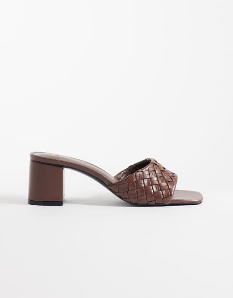 Mango faux leather braided block heeled mule in brown - view 1