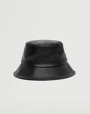 Mango faux leather bucket hat with chain embossing in black