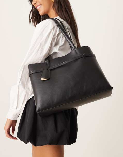 Mango faux leather buckle detail city bag in black - view 1