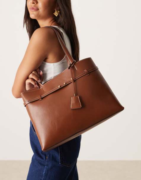 Mango faux leather buckle detail city bag in brown - view 1