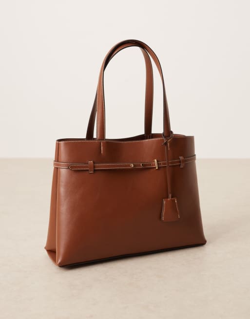Mango faux leather buckle detail city bag in brown