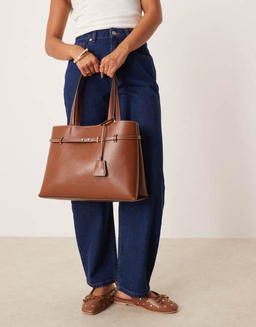 Mango faux leather buckle detail city bag in brown