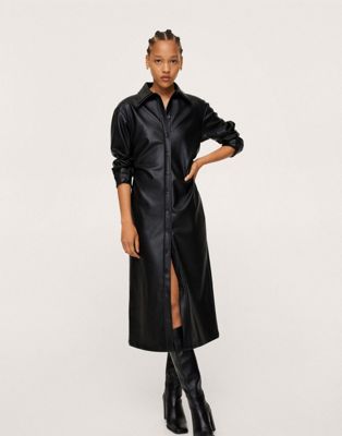 Mango faux leather button front shirt dress in black