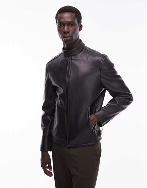 Mango faux leather collarless jacket in black - view 1