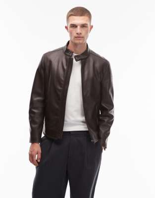 Mango Mango faux leather collarless jacket in brown