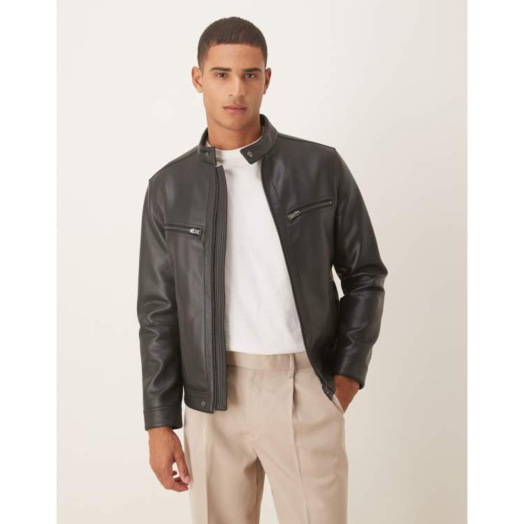 FAUX LEATHER TUCK ジャケット Mango faux leather collarless pocket detail jacket in black