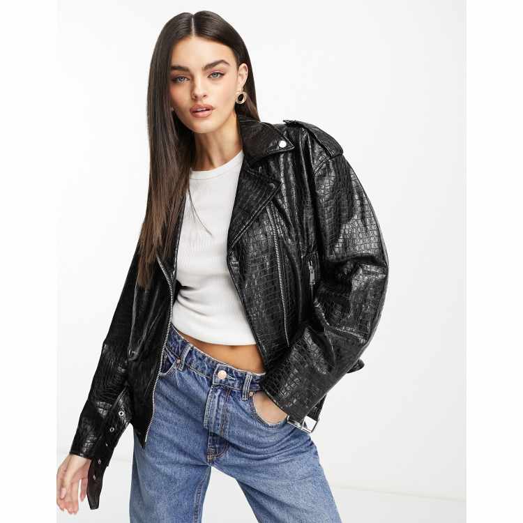 White Croc Faux Leather Oversized Biker Jacket