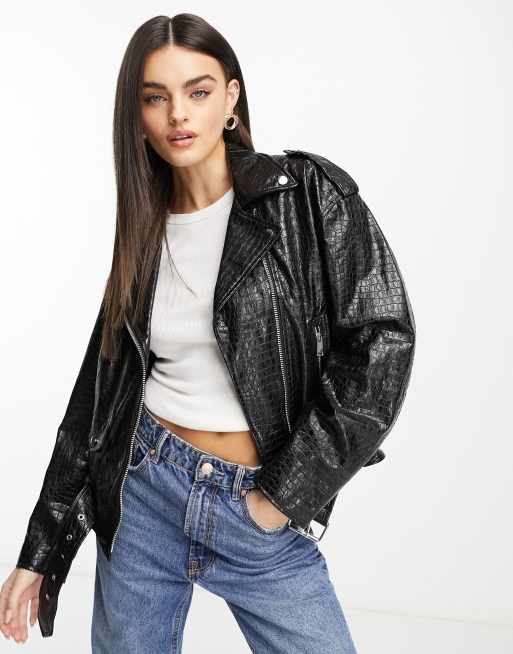 Mango faux leather croc detail leather jacket in black | ASOS