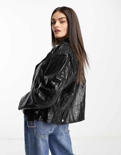 Black Faux Leather Croc Oversized Trucker Jacket