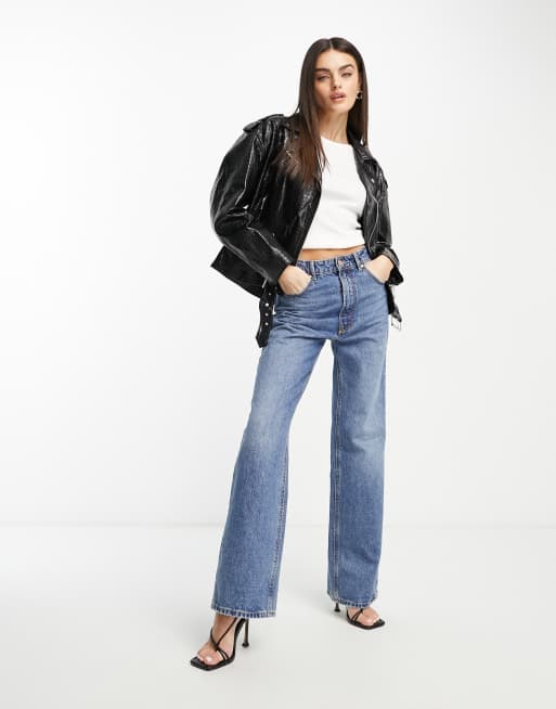 Pull&Bear high rise straight leg vinyl pants in black