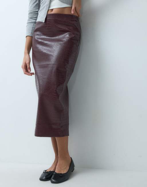 Mango faux leather croc effect midi skirt in burgundy, 5 of 5