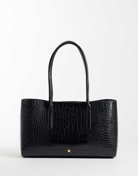 Mango faux leather croc effect shoulder bag in black - view 1