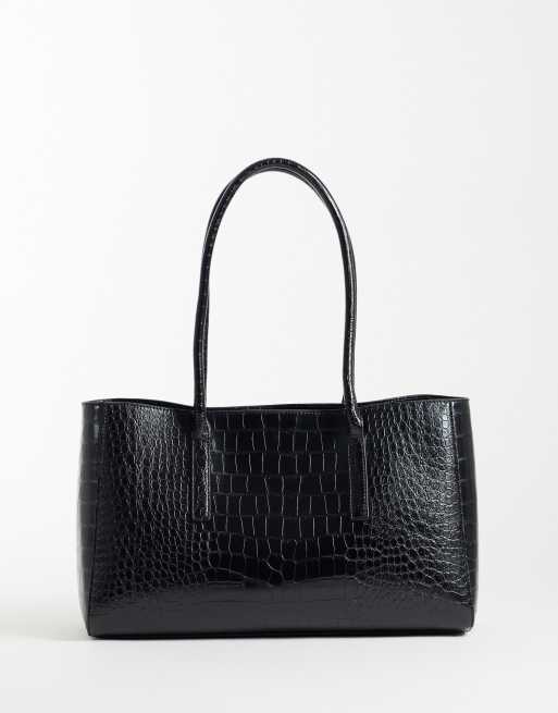 Mango faux leather croc effect shoulder bag in black, 4 of 4