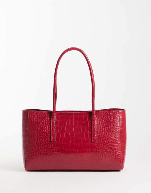 Mango faux leather croc effect shoulder bag in deep red, 4 of 4