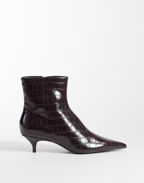 Mango faux leather croc look kitten heeled ankle boot in dark burgundy - view 1