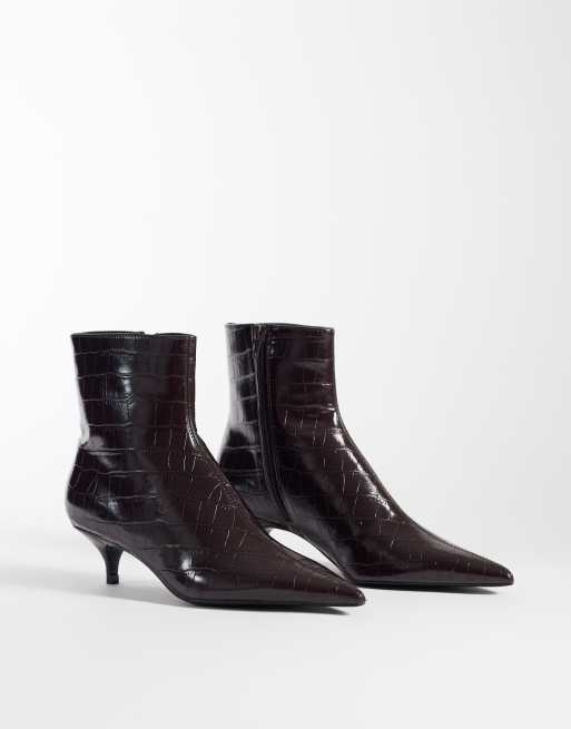 Mango faux leather croc look kitten heeled ankle boot in dark burgundy, 2 of 4