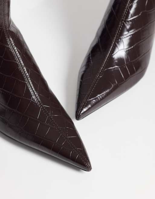 Mango faux leather croc look kitten heeled ankle boot in dark burgundy, 3 of 4