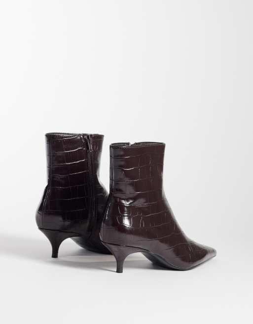 Mango faux leather croc look kitten heeled ankle boot in dark burgundy, 4 of 4