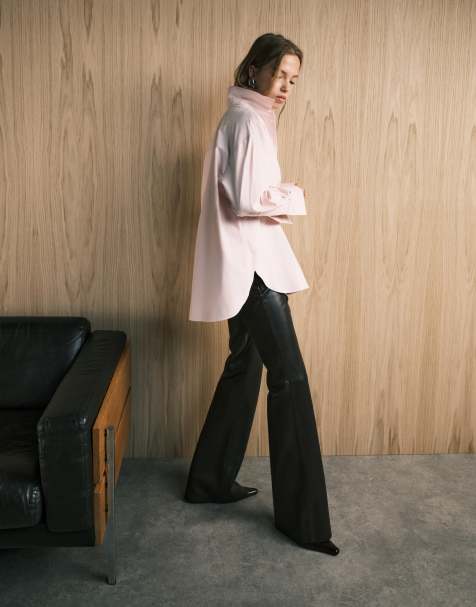 Mango faux leather flared trouser in brown - view 1