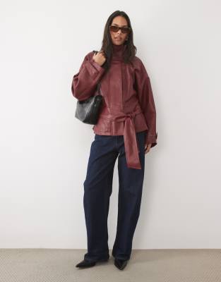 Mango Faux Leather Funnel Neck Belted Jacket In Red