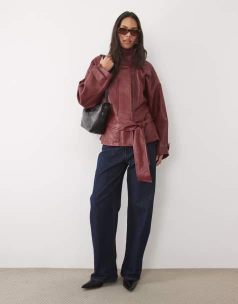 Mango faux leather funnel neck belted jacket in berry - view 1