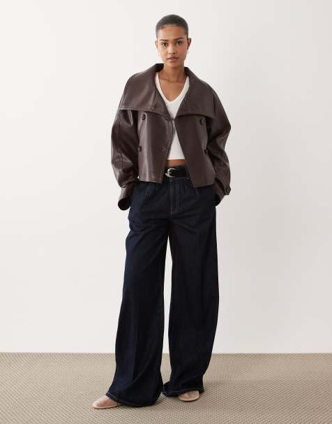 Mango faux leather funnel neck with tie waist in fig