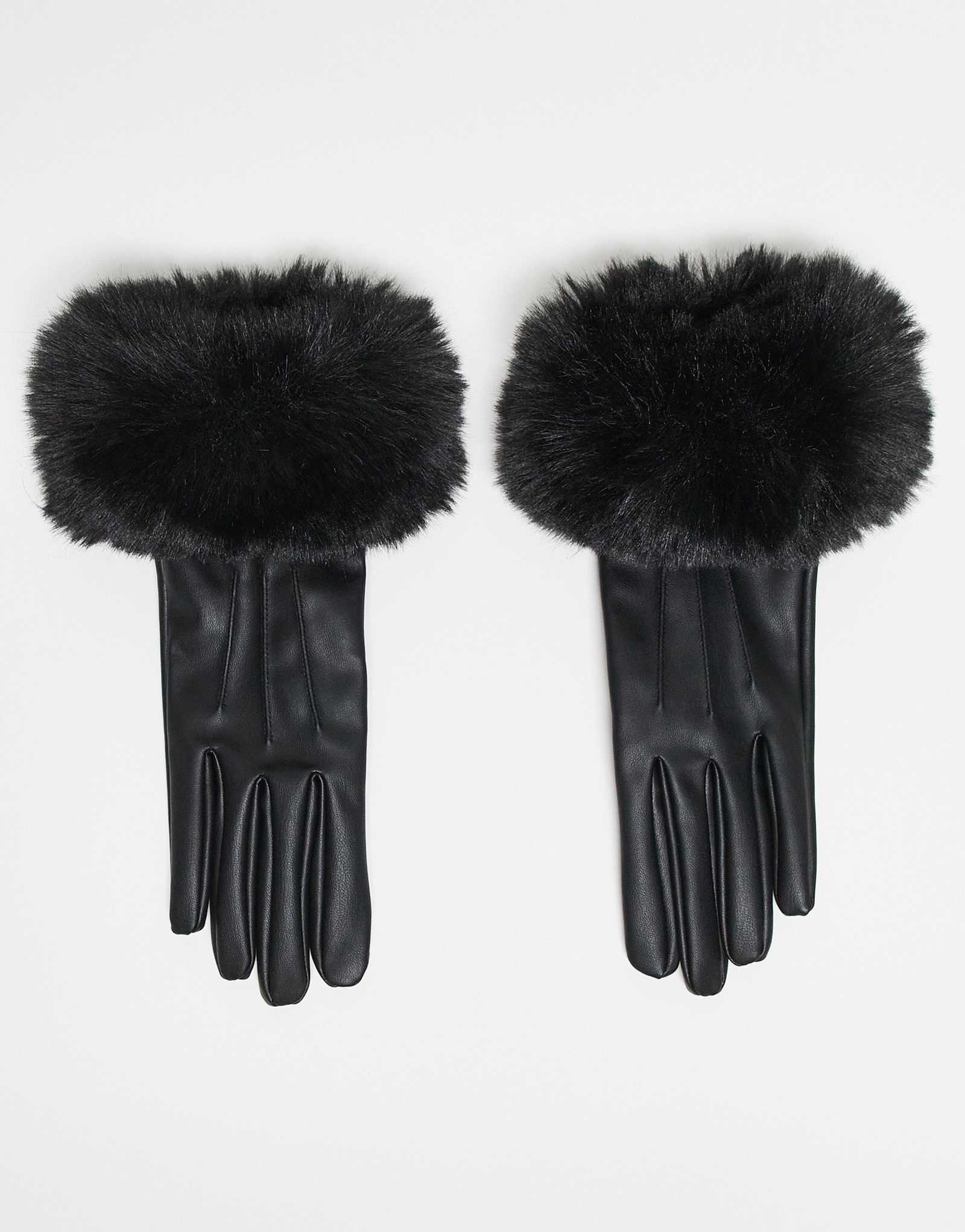 Перчатки из искусственной кожи Mango с отделкой из искусственного меха черного цвета