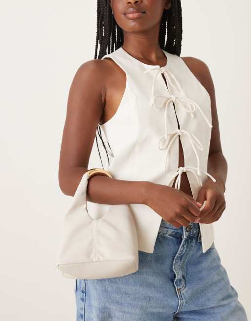Mango faux leather hardware handle slouchy shoulder bag in cream