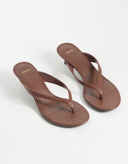 Mango faux leather heeled flip flop in chocolate, 2 of 4