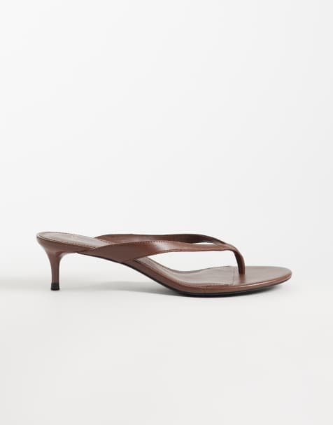 Mango faux leather heeled flip flops in chocolate - view 1