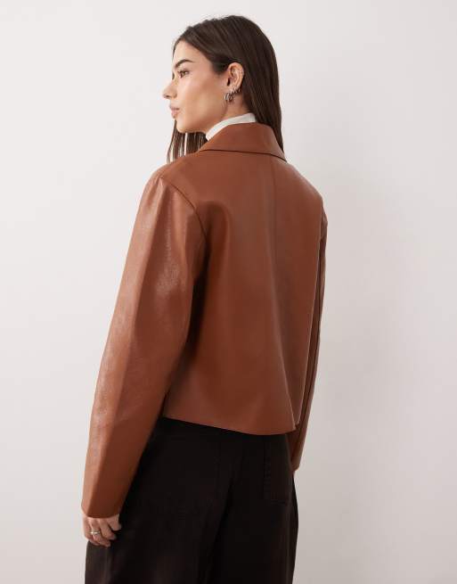 Mango faux leather jacket in brown, 3 of 4