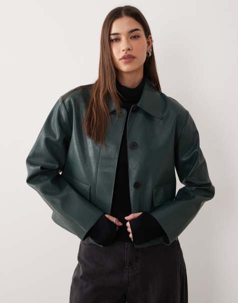 Mango faux leather jacket in green