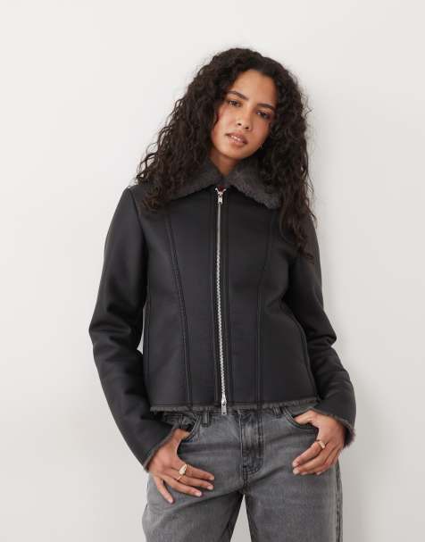 Mango faux leather jacket with faux fur trim in black - view 1