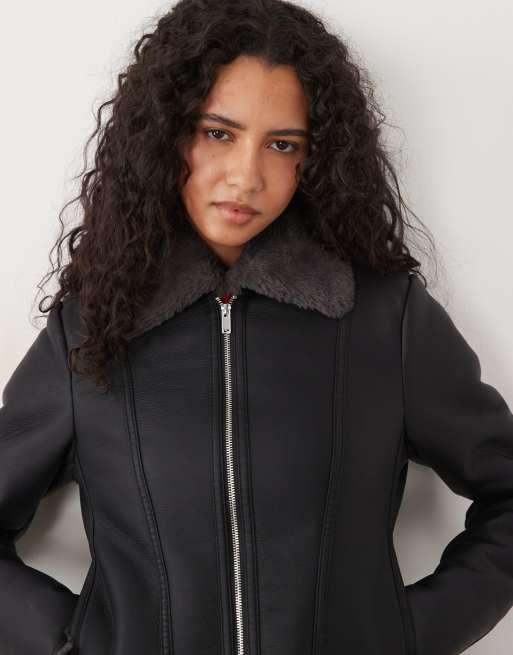 Mango faux leather jacket with faux fur trim in black, 3 of 4