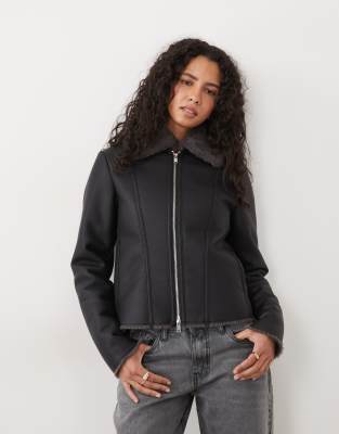 Mango Faux Leather Jacket With Faux Fur Trims In Black