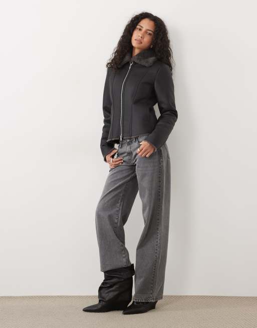 Mango faux leather jacket with faux fur trims in black, 2 of 4